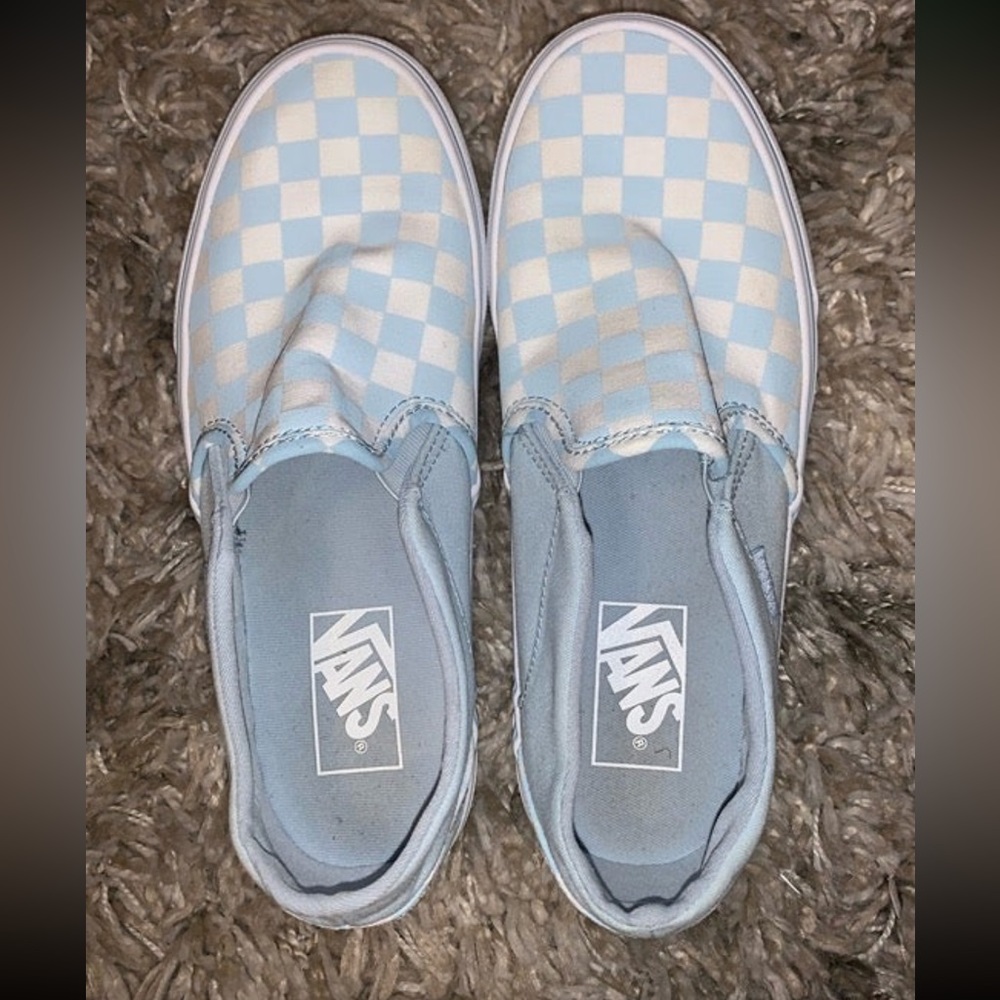 blue size 7 checkered slip on vans worn twice